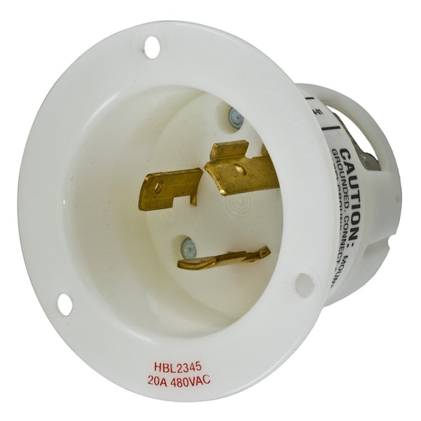 Flanged Locking Inlet, 20 A, 125/250V AC, Single Phase, 2 Pole, Screw Terminals, White